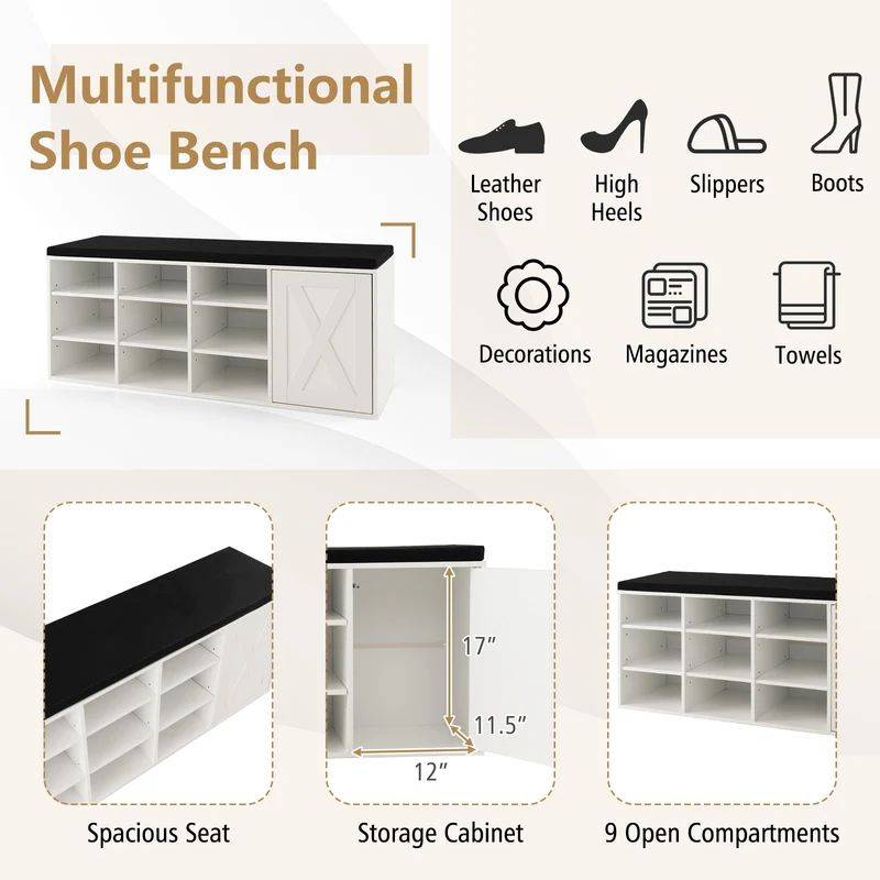 9-Cube Shoe Bench, Adjustable Shelves, Removable Cushion, White