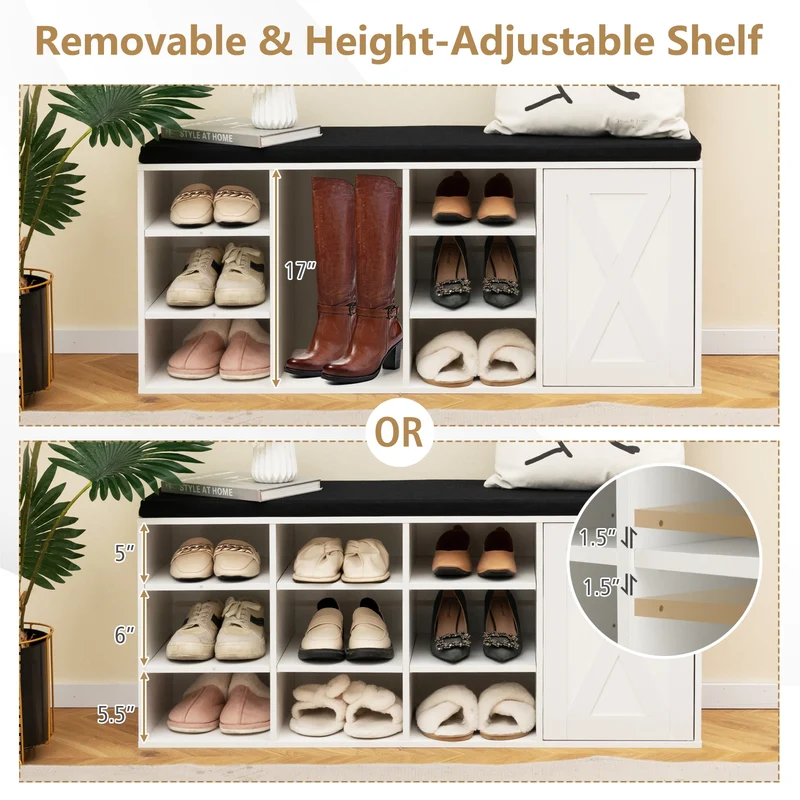 9-Cube Shoe Bench, Adjustable Shelves, Removable Cushion, White