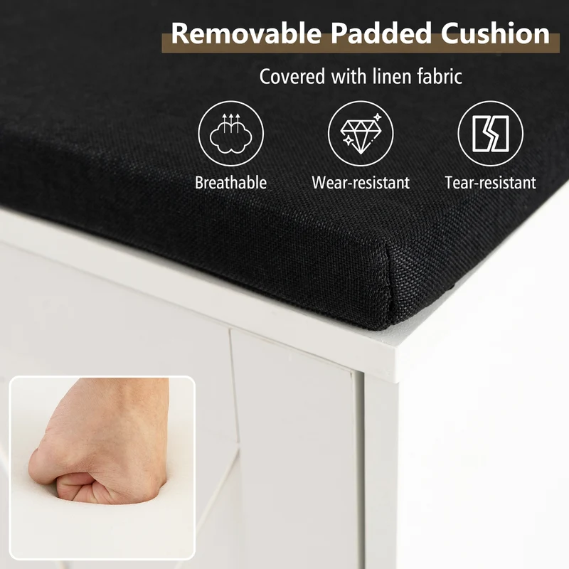 9-Cube Shoe Bench, Adjustable Shelves, Removable Cushion, White