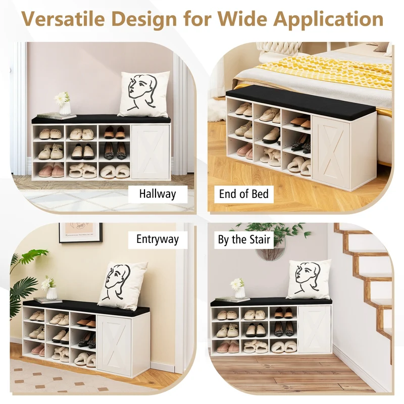 9-Cube Shoe Bench, Adjustable Shelves, Removable Cushion, White