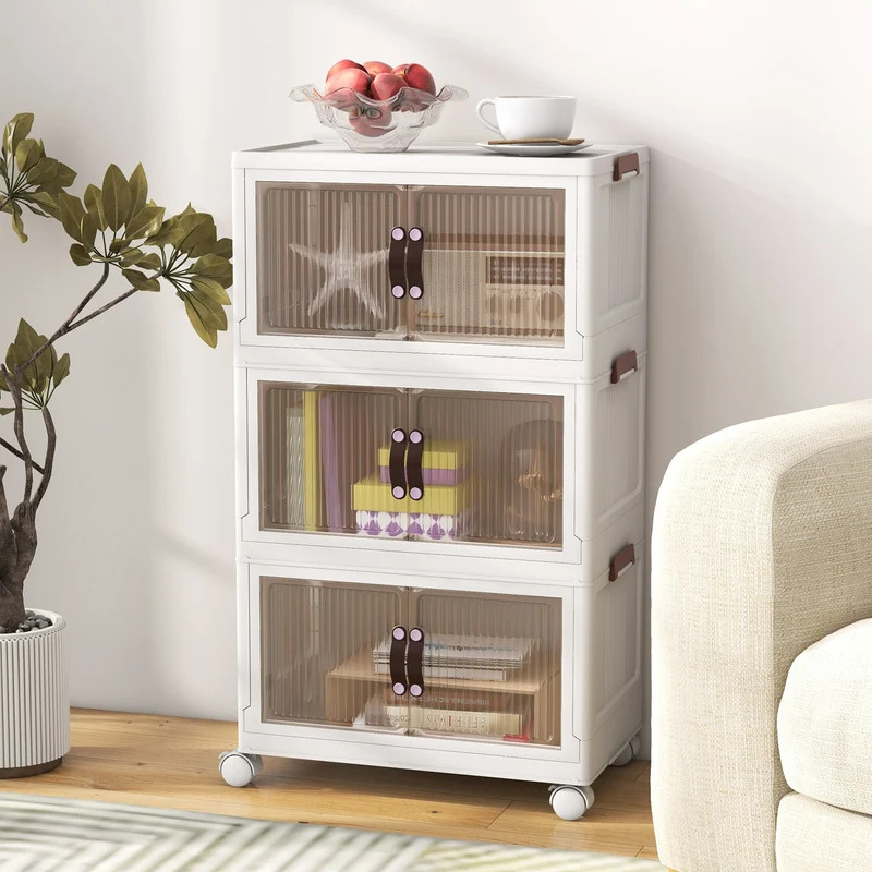 25.5/60 Gal 3-Tier Stackable Storage Boxes, Magnetic Doors, Lockable Casters, White