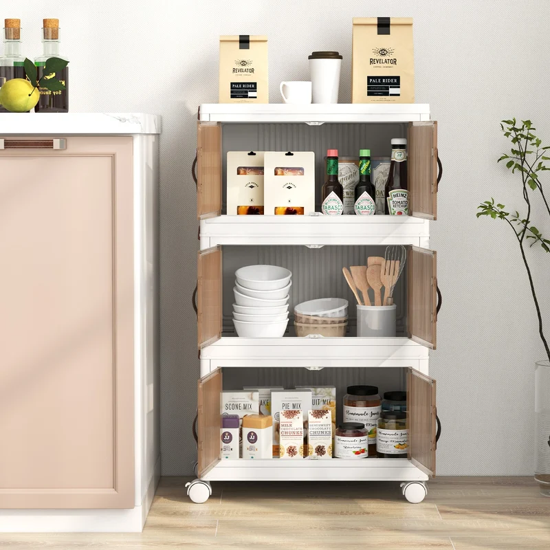 25.5/60 Gal 3-Tier Stackable Storage Boxes, Magnetic Doors, Lockable Casters, White