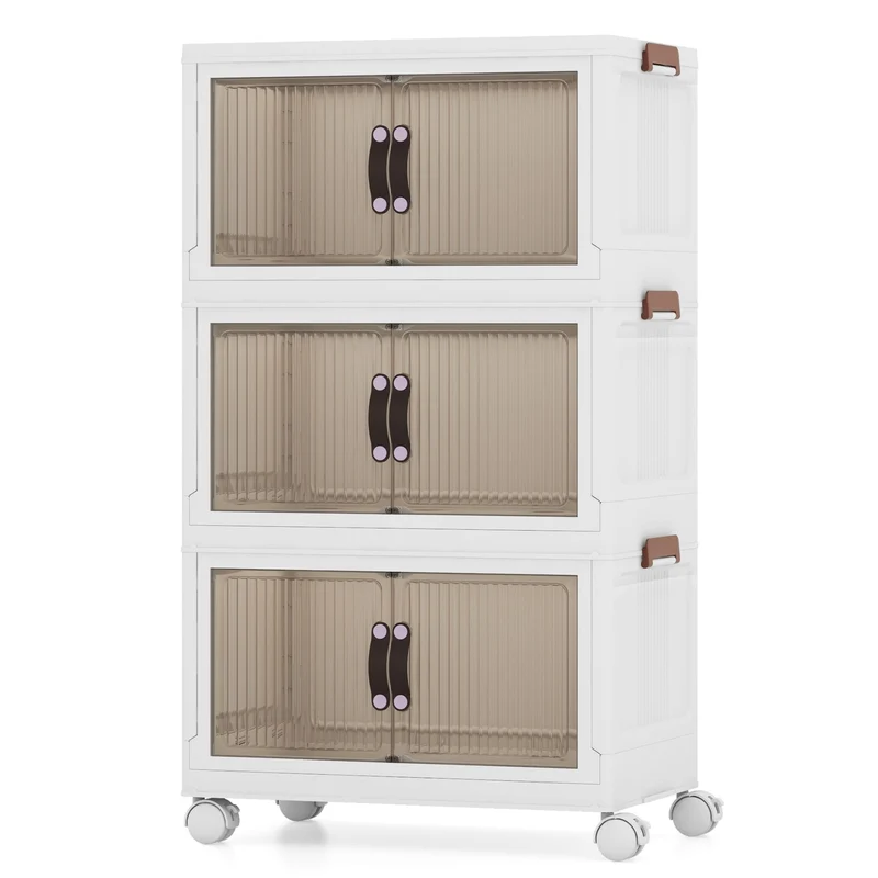 25.5/60 Gal 3-Tier Stackable Storage Boxes, Magnetic Doors, Lockable Casters, White