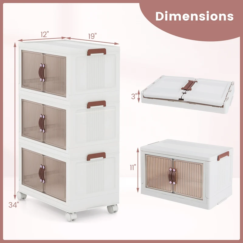 25.5/60 Gal 3-Tier Stackable Storage Boxes, Magnetic Doors, Lockable Casters, White