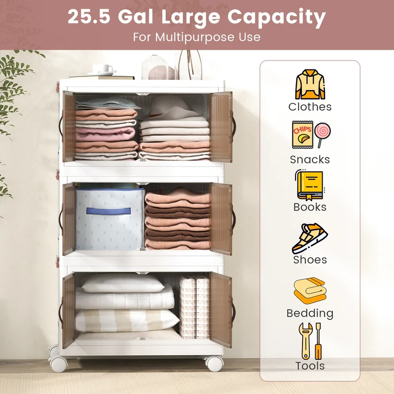 25.5/60 Gal 3-Tier Stackable Storage Boxes, Magnetic Doors, Lockable Casters, White