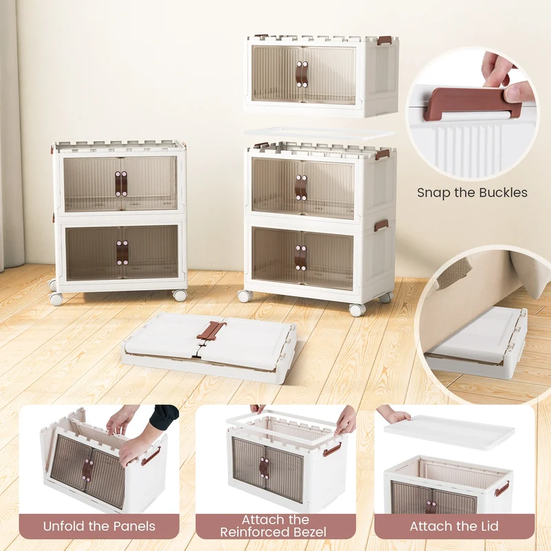 25.5/60 Gal 3-Tier Stackable Storage Boxes, Magnetic Doors, Lockable Casters, White