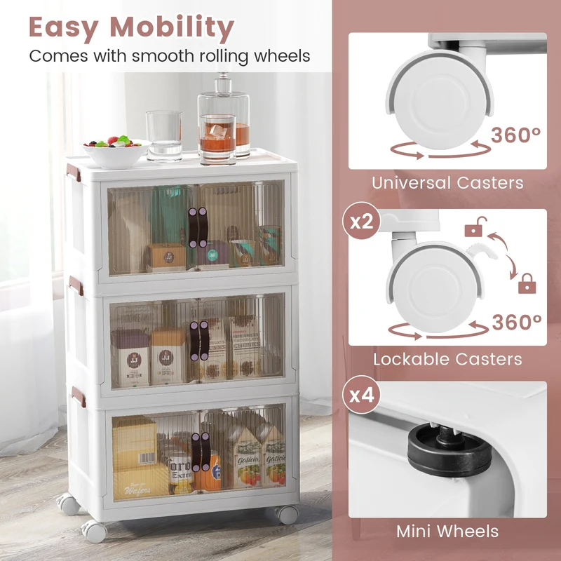 25.5/60 Gal 3-Tier Stackable Storage Boxes, Magnetic Doors, Lockable Casters, White
