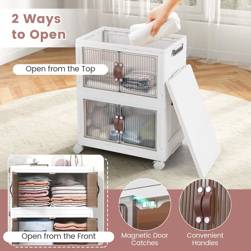 25.5/60 Gal 3-Tier Stackable Storage Boxes, Magnetic Doors, Lockable Casters, White