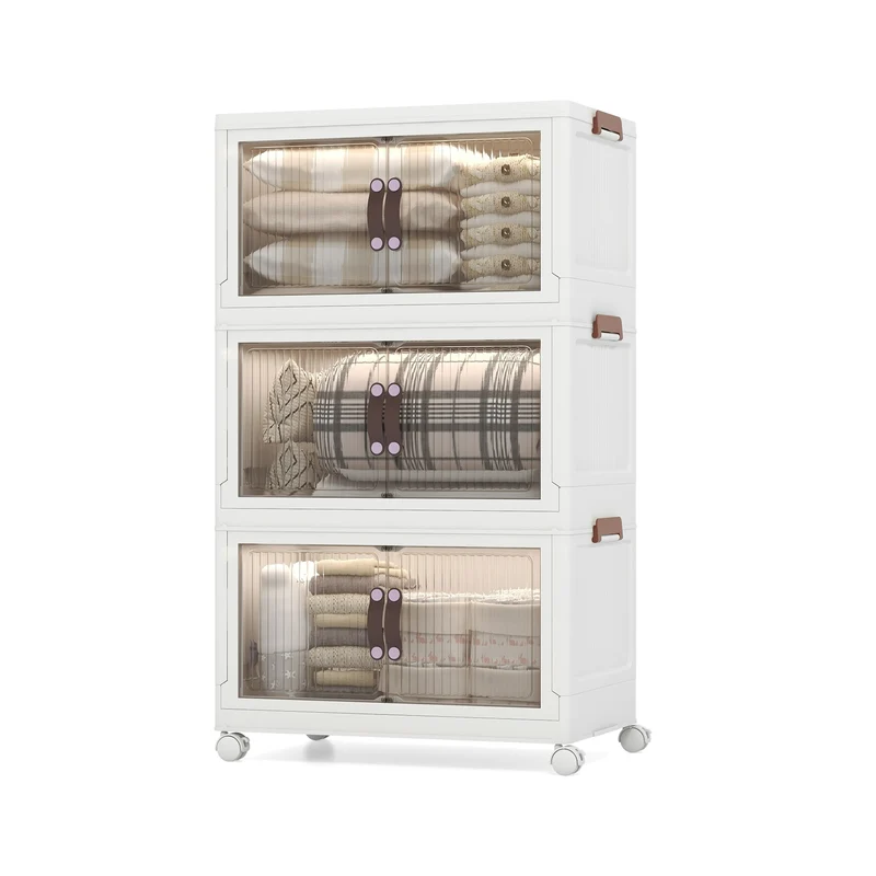 25.5/60 Gal 3-Tier Stackable Storage Boxes, Magnetic Doors, Lockable Casters