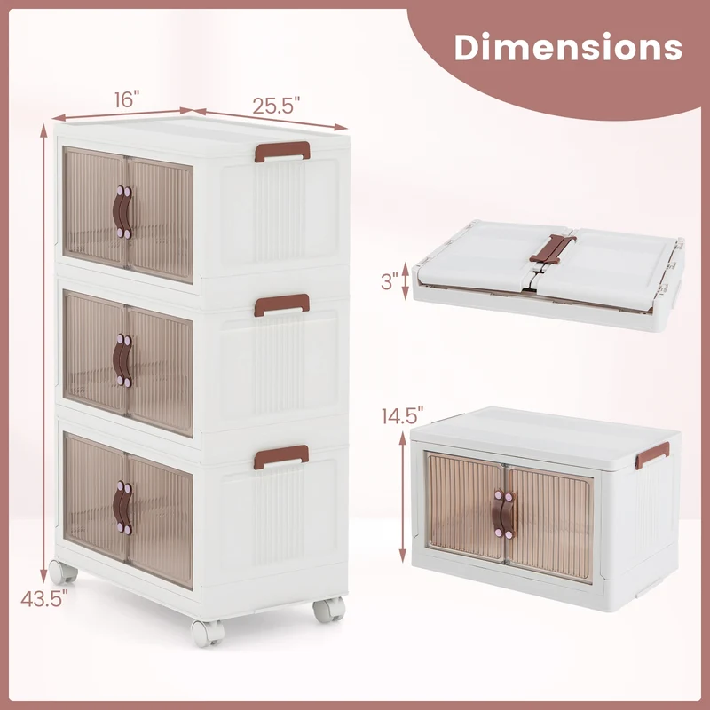 25.5/60 Gal 3-Tier Stackable Storage Boxes, Magnetic Doors, Lockable Casters