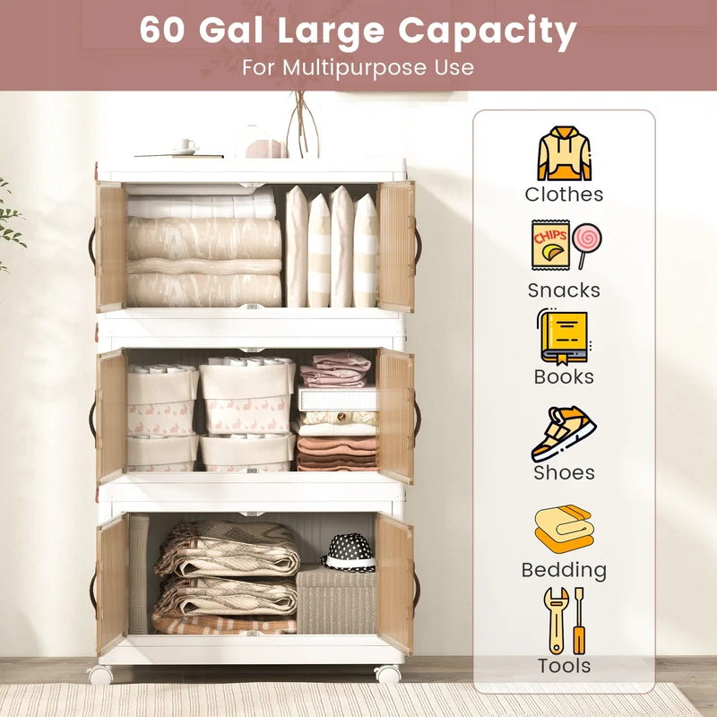 25.5/60 Gal 3-Tier Stackable Storage Boxes, Magnetic Doors, Lockable Casters