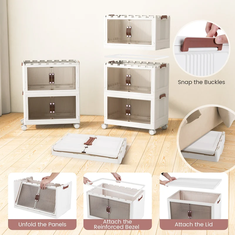 25.5/60 Gal 3-Tier Stackable Storage Boxes, Magnetic Doors, Lockable Casters