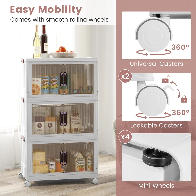 25.5/60 Gal 3-Tier Stackable Storage Boxes, Magnetic Doors, Lockable Casters