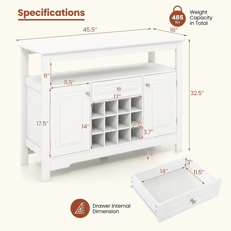 Buffet Sideboard Cabinet With Removable Wine Rack, White