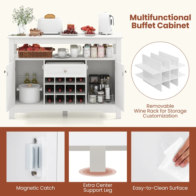 Buffet Sideboard Cabinet With Removable Wine Rack, White