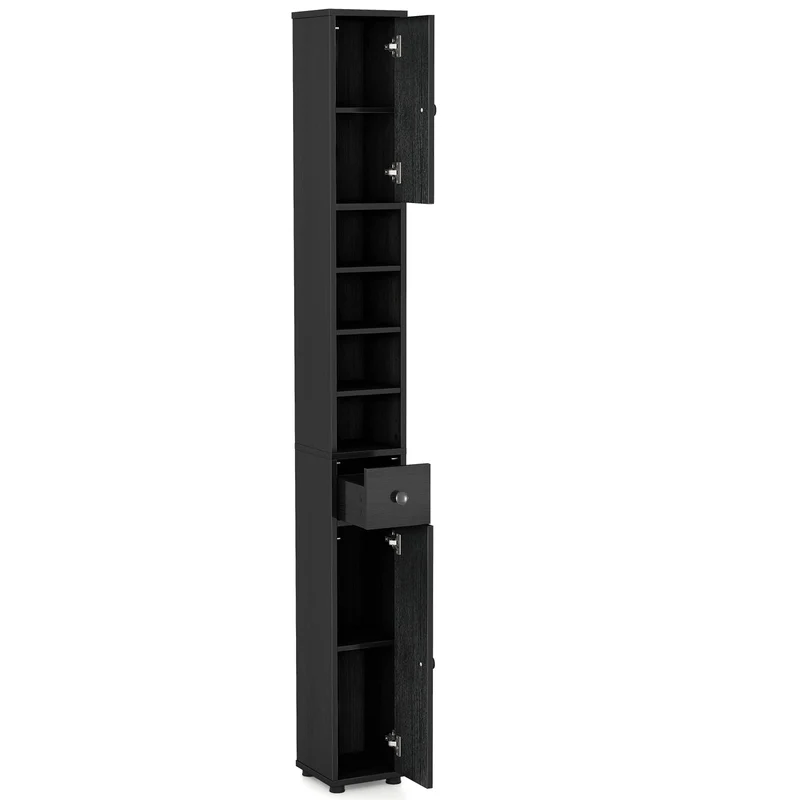 Slim Bathroom Cabinet With Drawer, Adjustable Shelves, Black