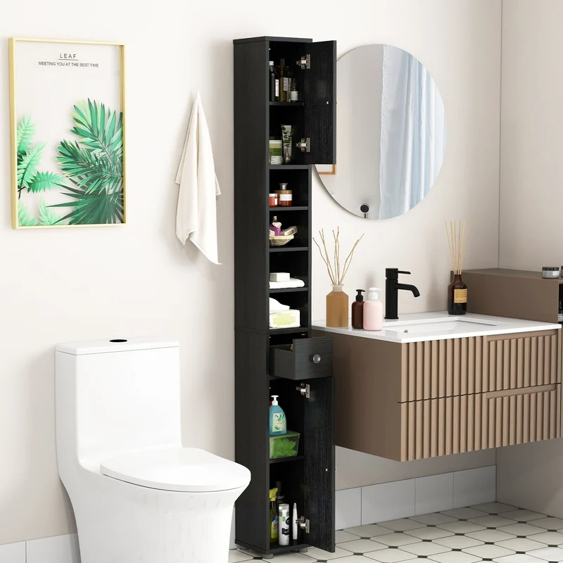 Slim Bathroom Cabinet With Drawer, Adjustable Shelves, Black