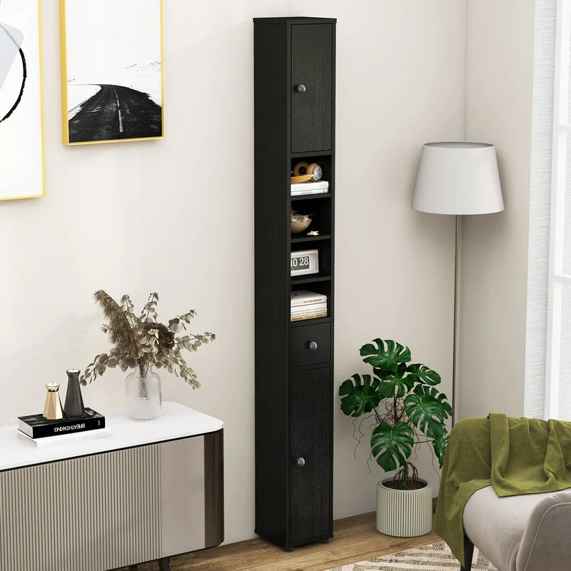 Slim Bathroom Cabinet With Drawer, Adjustable Shelves, Black