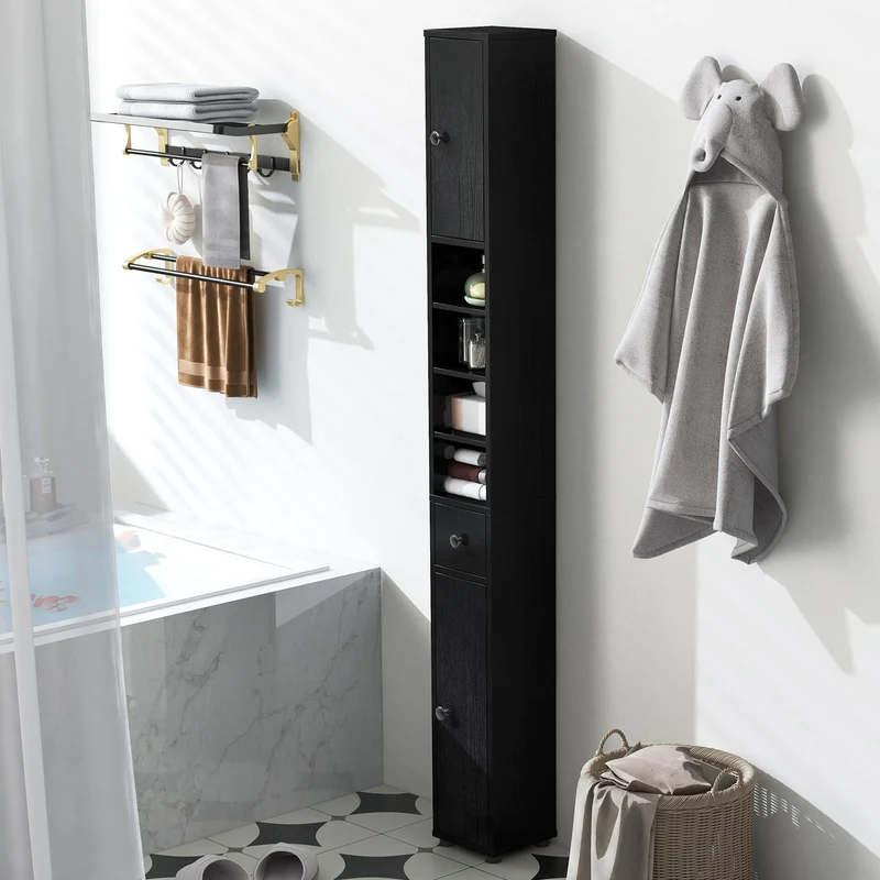 Slim Bathroom Cabinet With Drawer, Adjustable Shelves, Black