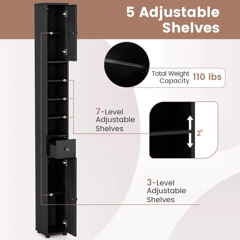Slim Bathroom Cabinet With Drawer, Adjustable Shelves, Black