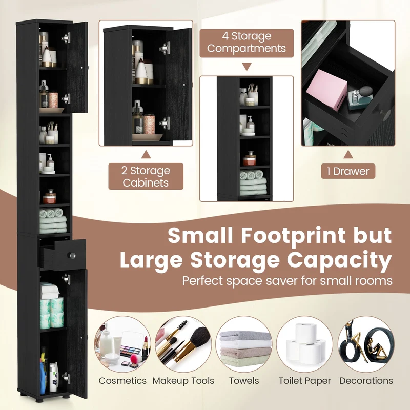 Slim Bathroom Cabinet With Drawer, Adjustable Shelves, Black