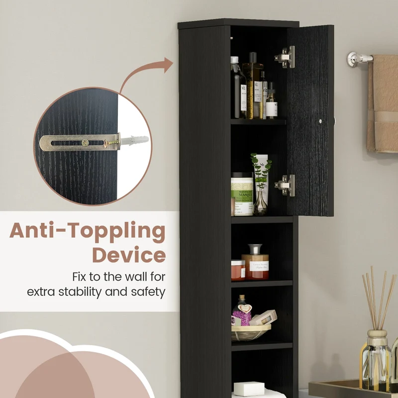 Slim Bathroom Cabinet With Drawer, Adjustable Shelves, Black