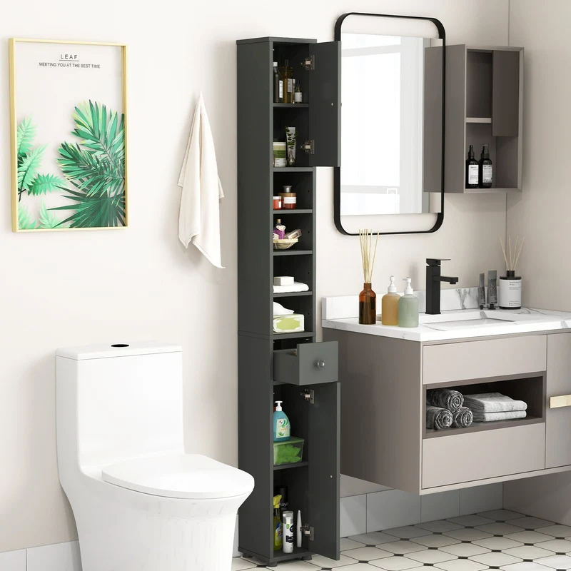 Slim Bathroom Cabinet With Drawer, Adjustable Shelves, Gray