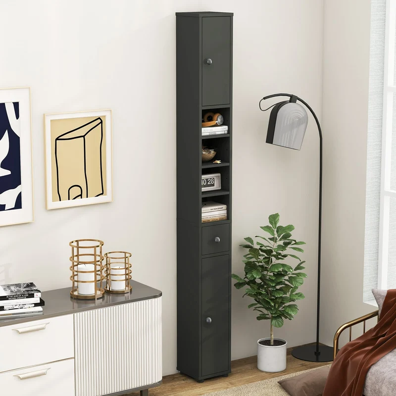 Slim Bathroom Cabinet With Drawer, Adjustable Shelves, Gray