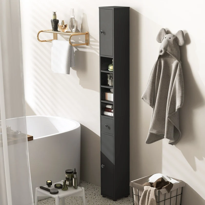 Slim Bathroom Cabinet With Drawer, Adjustable Shelves, Gray