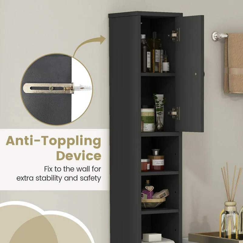 Slim Bathroom Cabinet With Drawer, Adjustable Shelves, Gray