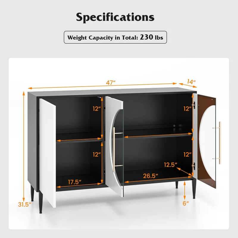 Sideboard Cabinet With Tempered Glass Door, White