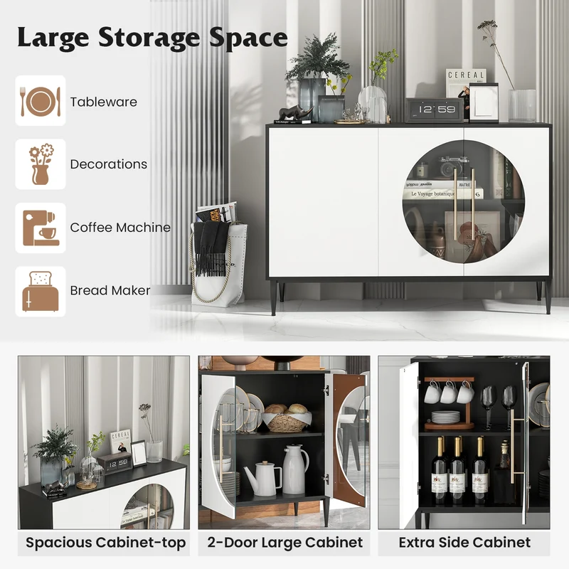 Sideboard Cabinet With Tempered Glass Door, White