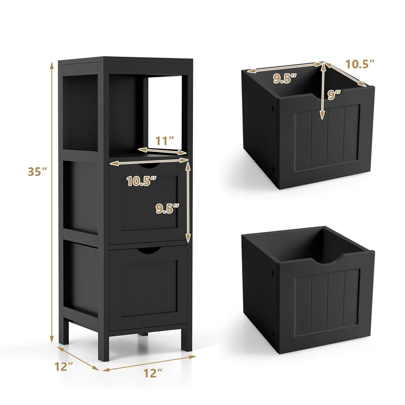 Freestanding Storage Cabinet, 2 Removable Drawers, Black