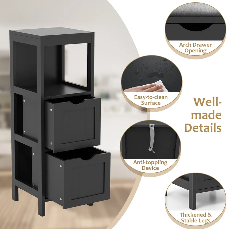 Freestanding Storage Cabinet, 2 Removable Drawers, Black