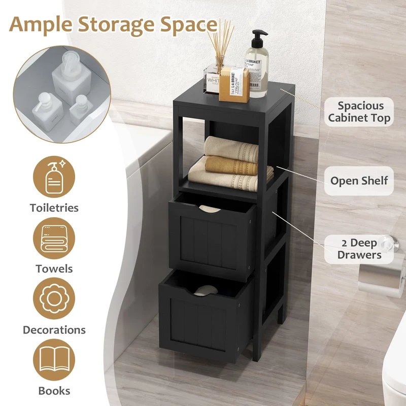 Freestanding Storage Cabinet, 2 Removable Drawers, Black