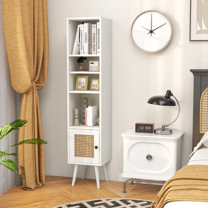 4-Tier Rattan Storage Cabinet, Slim Design, White