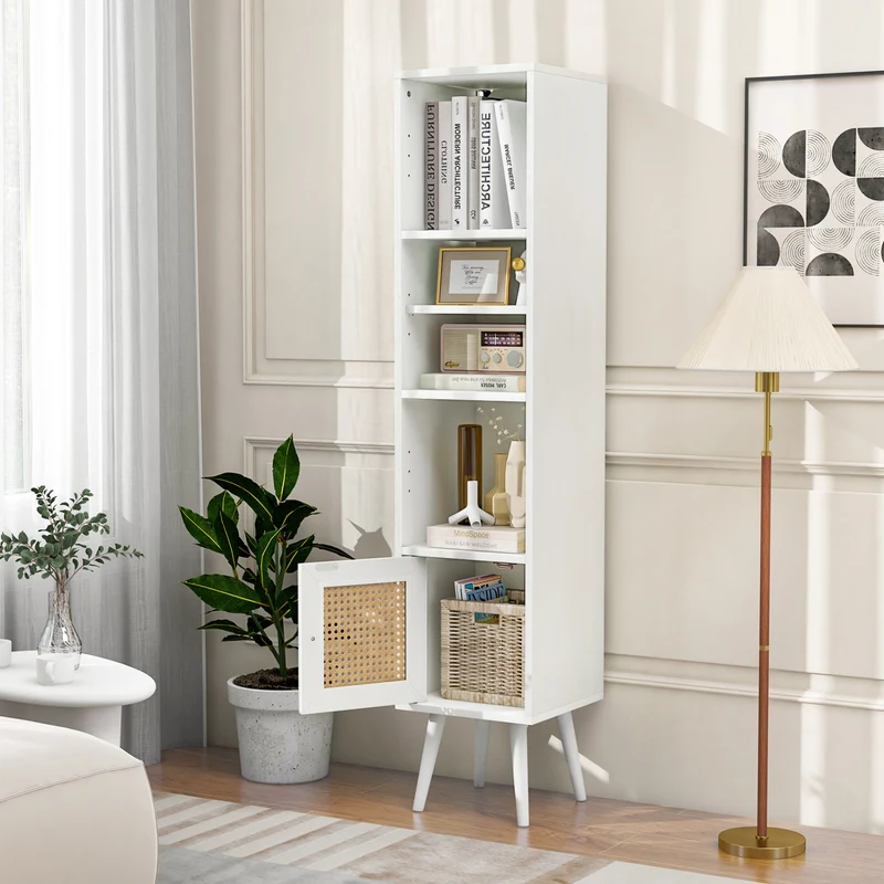 4-Tier Rattan Storage Cabinet, Slim Design, White
