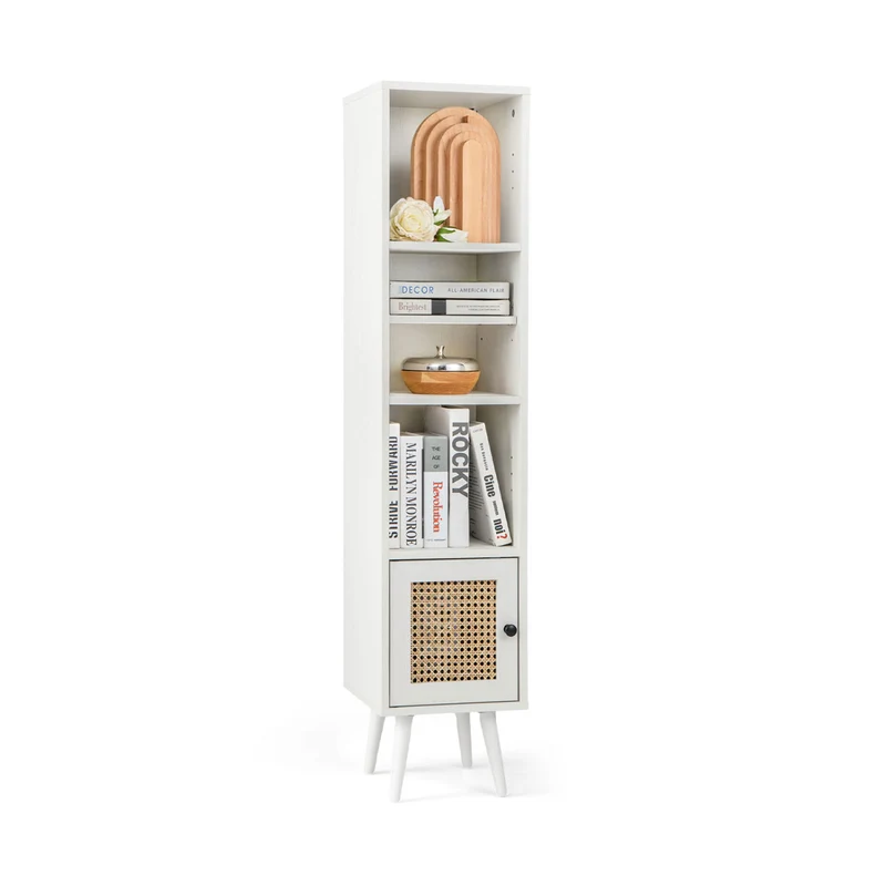 4-Tier Rattan Storage Cabinet, Slim Design, White