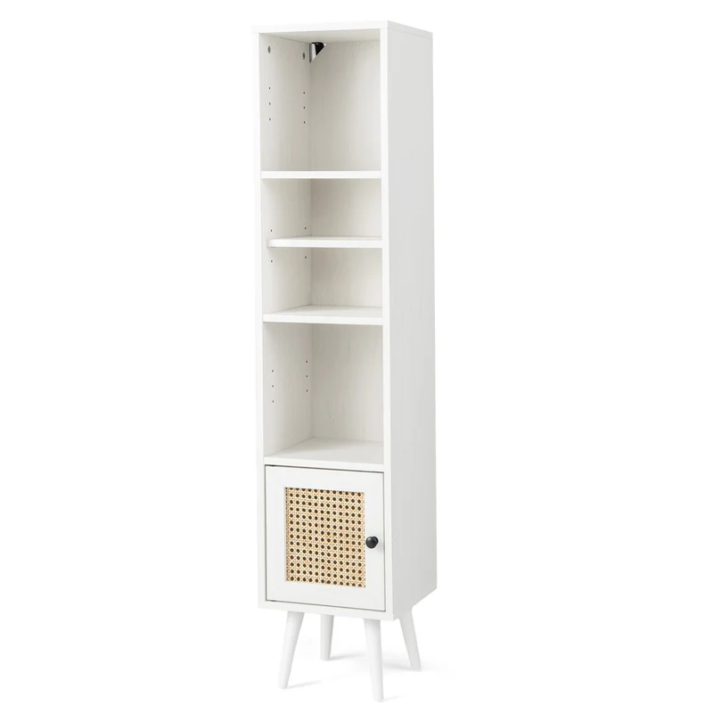 4-Tier Rattan Storage Cabinet, Slim Design, White