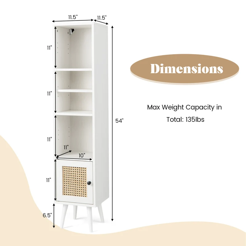 4-Tier Rattan Storage Cabinet, Slim Design, White
