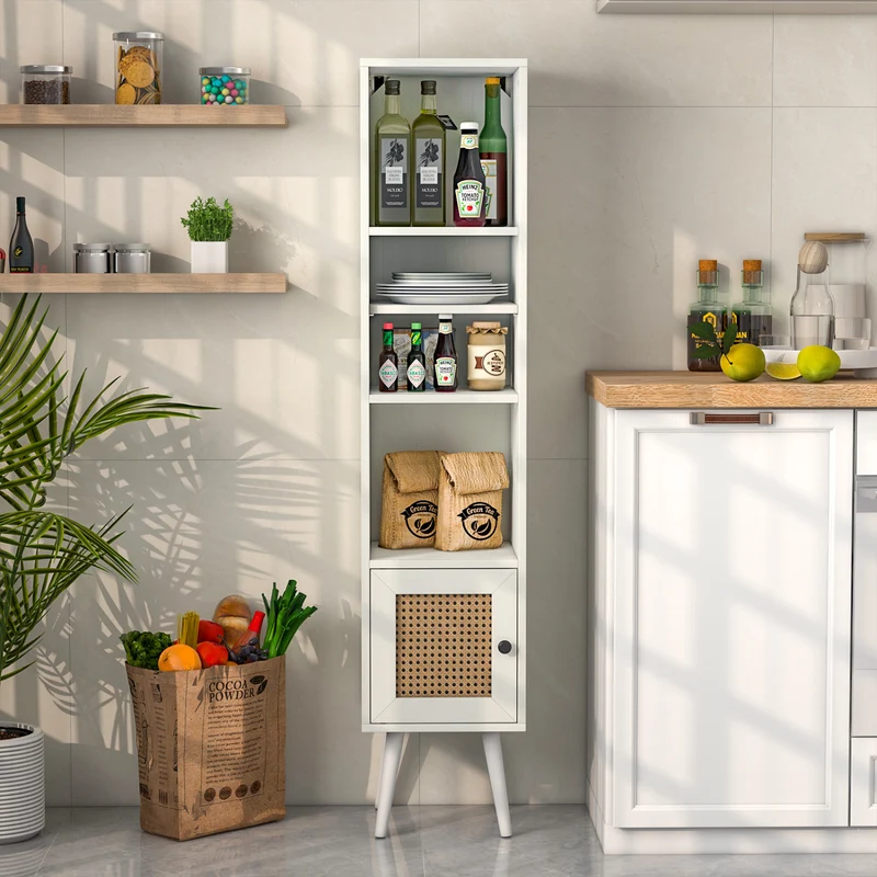 4-Tier Rattan Storage Cabinet, Slim Design, White