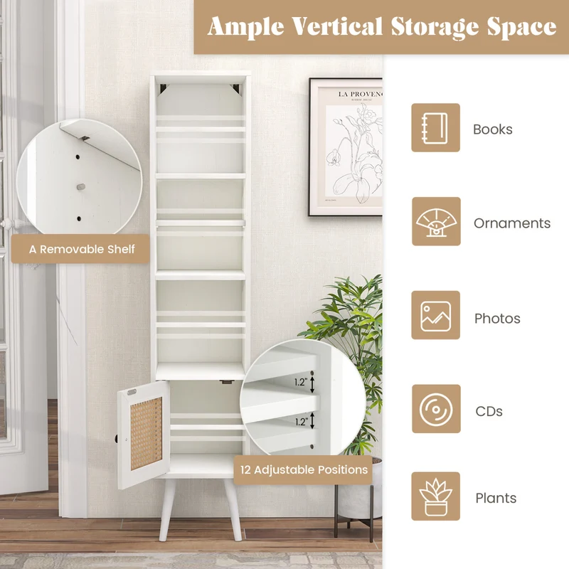 4-Tier Rattan Storage Cabinet, Slim Design, White