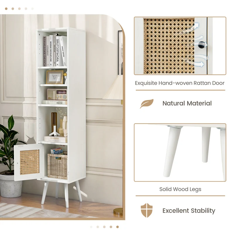 4-Tier Rattan Storage Cabinet, Slim Design, White