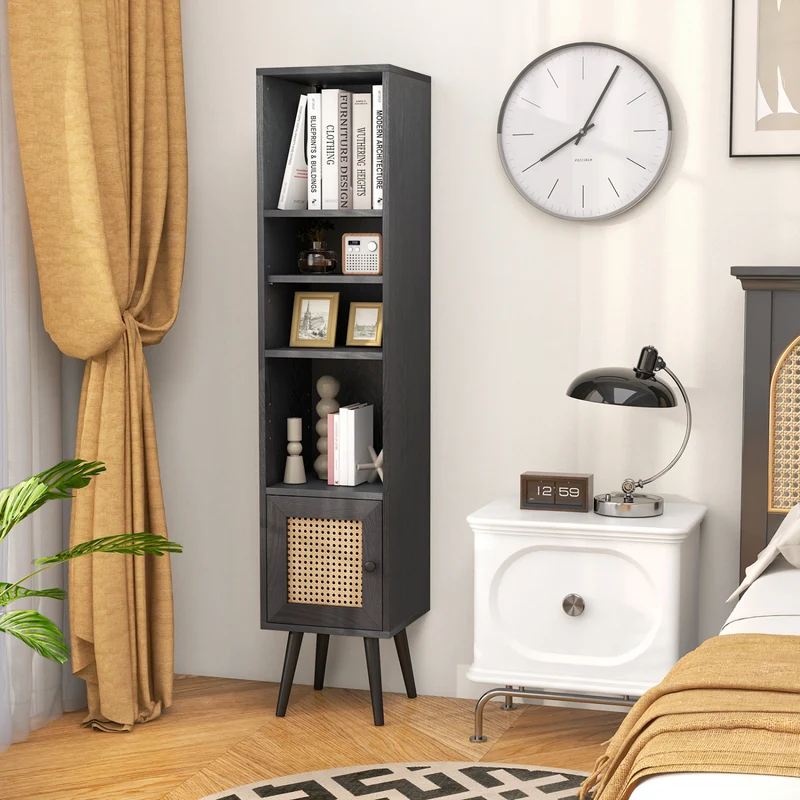4-Tier Rattan Storage Cabinet, Slim Design, Black
