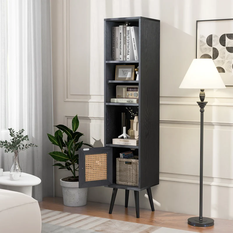 4-Tier Rattan Storage Cabinet, Slim Design, Black