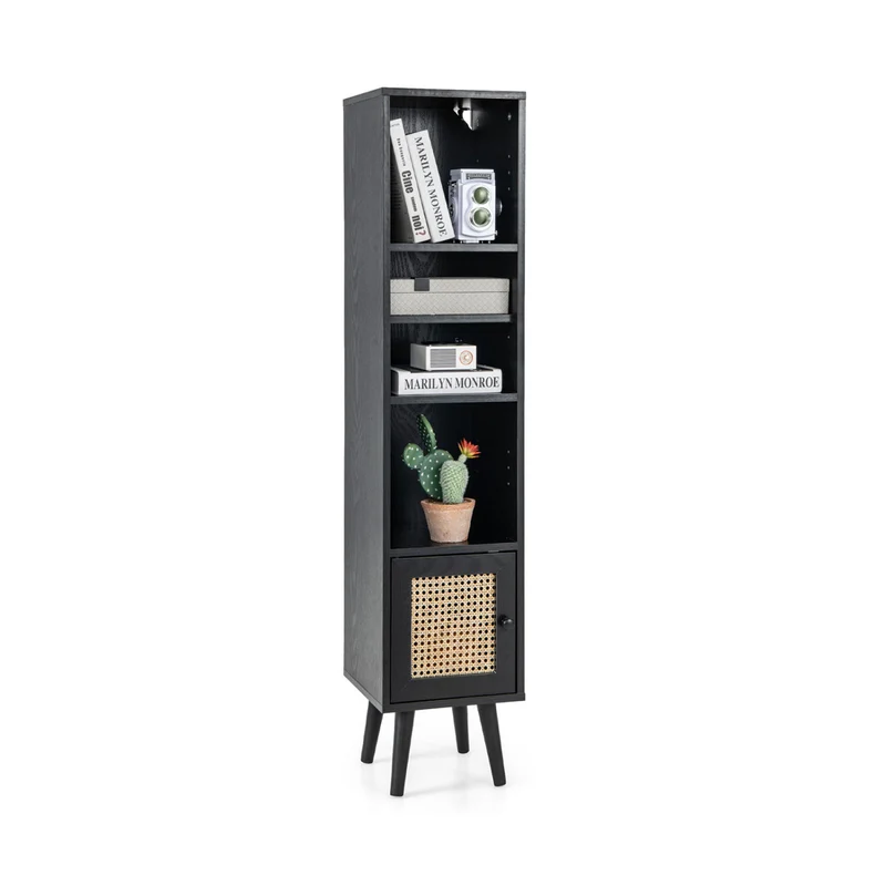 4-Tier Rattan Storage Cabinet, Slim Design, Black