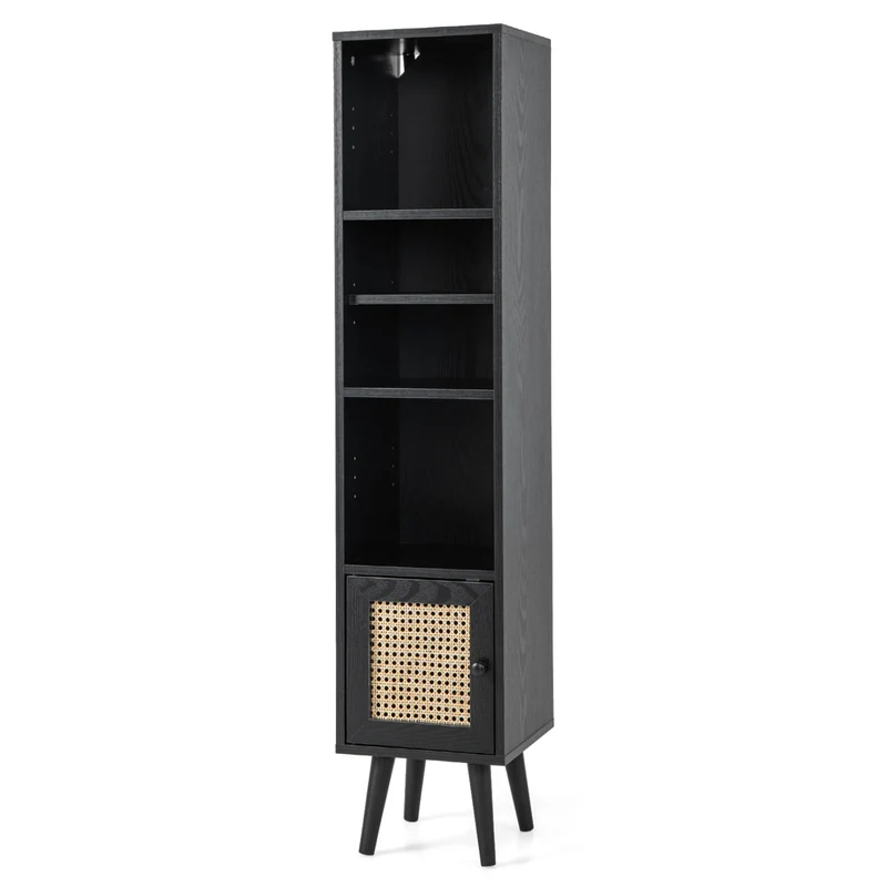4-Tier Rattan Storage Cabinet, Slim Design, Black