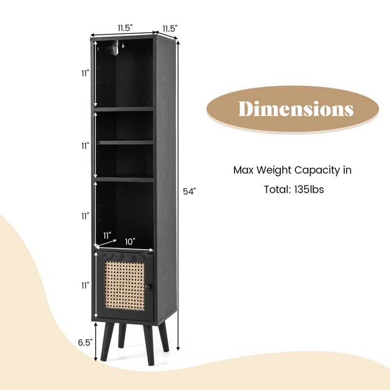 4-Tier Rattan Storage Cabinet, Slim Design, Black