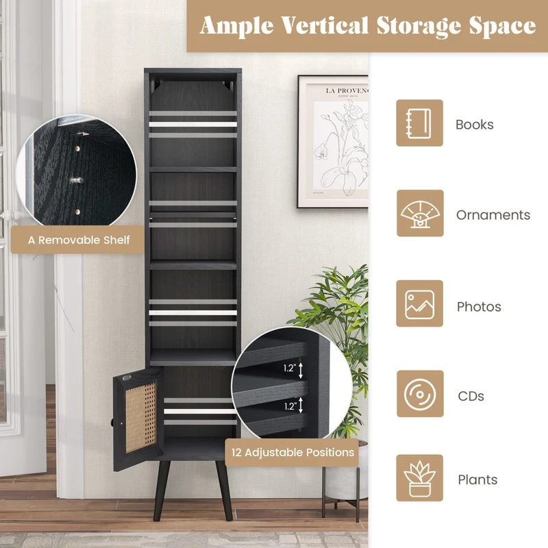 4-Tier Rattan Storage Cabinet, Slim Design, Black