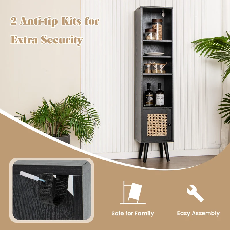 4-Tier Rattan Storage Cabinet, Slim Design, Black